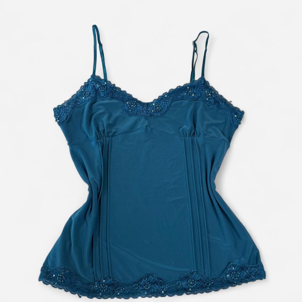 No Boundaries Teal Beaded Sequin Lace Trim Corset Cami Top Y2K Juniors Large